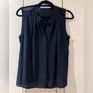 Versatile Navy Sleeveless Lace Shoulder Blouse